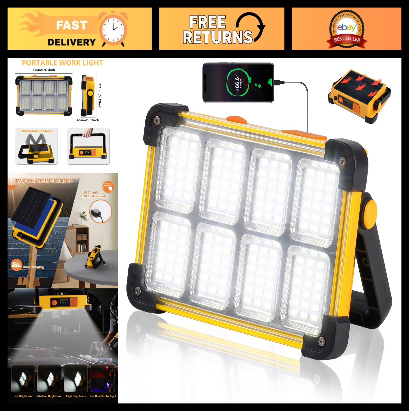 120W LED Solar Flood Light, 10000LM Portable Work Light, 4 Modes, IP65 Waterproo