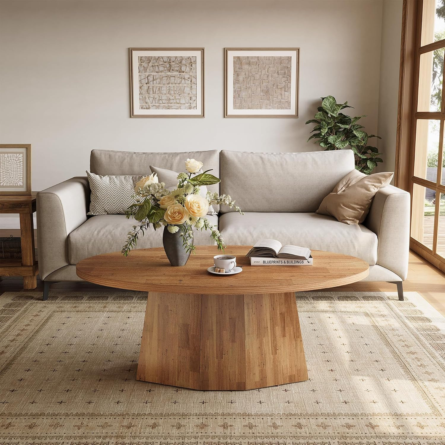 Modern 47-Inch Oval Coffee Table with Polygonal Base, Child-Friendly Design