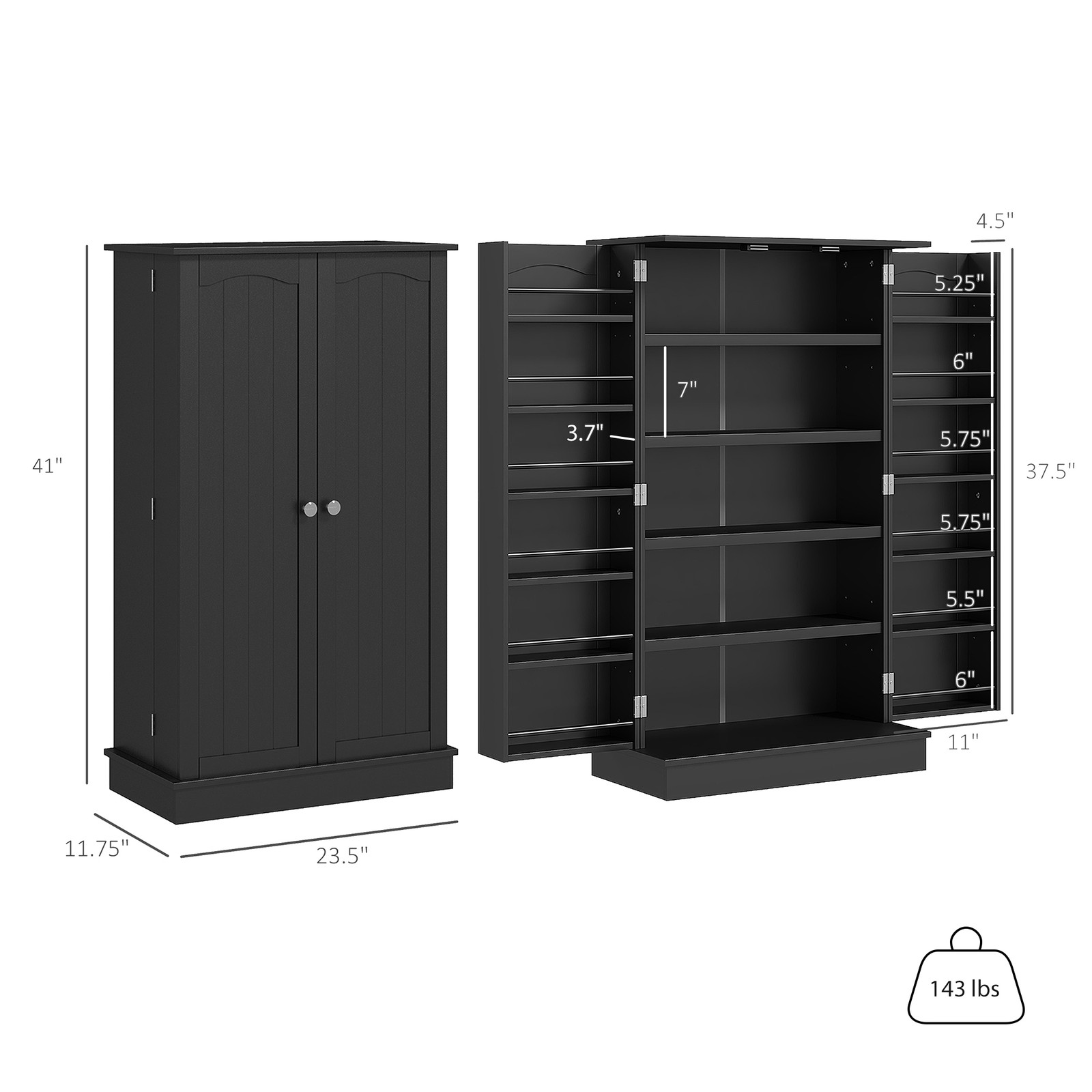 5-tier Kitchen Pantry Cabinet, Food Storage with 12 Door Shelves, Double Doors