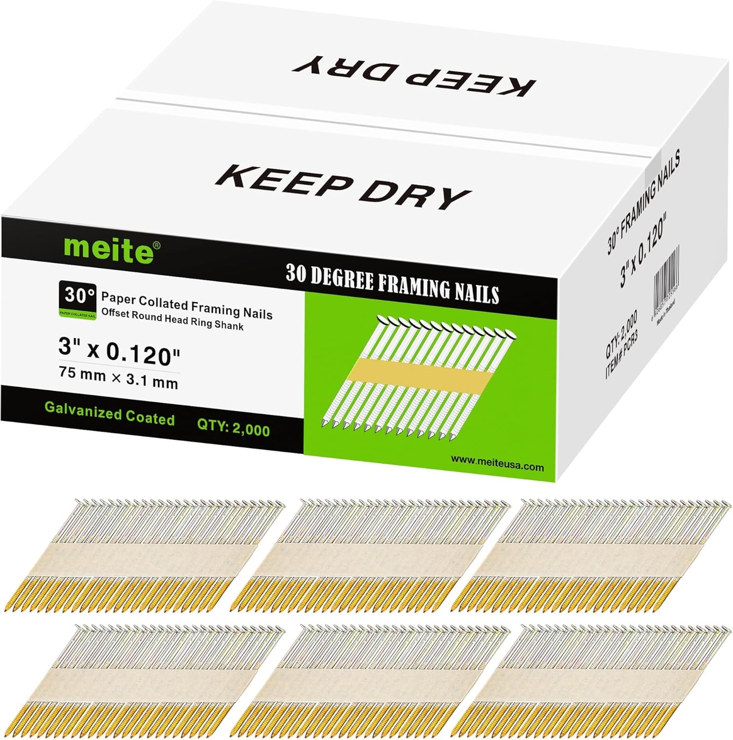 meite Framing Nails 30-Degree Offset Round Head Smooth Shank Galv. Framing Nails