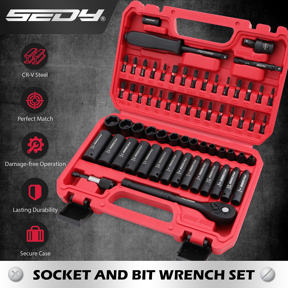 64PC 1/4″ Drive Impact Socket Wrench Bits Set Metric SAE Deep Shallow Ratchet S2