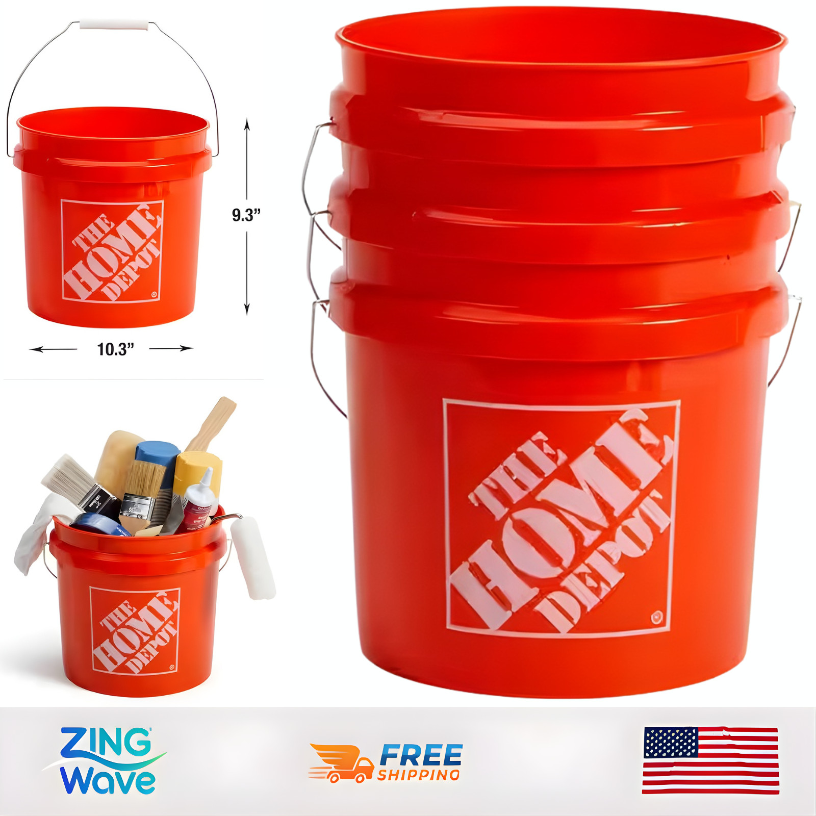 3 Qty 2 Gallon Orange Paint Buckets Heavy Duty Plastic Mixing Pail w Handle