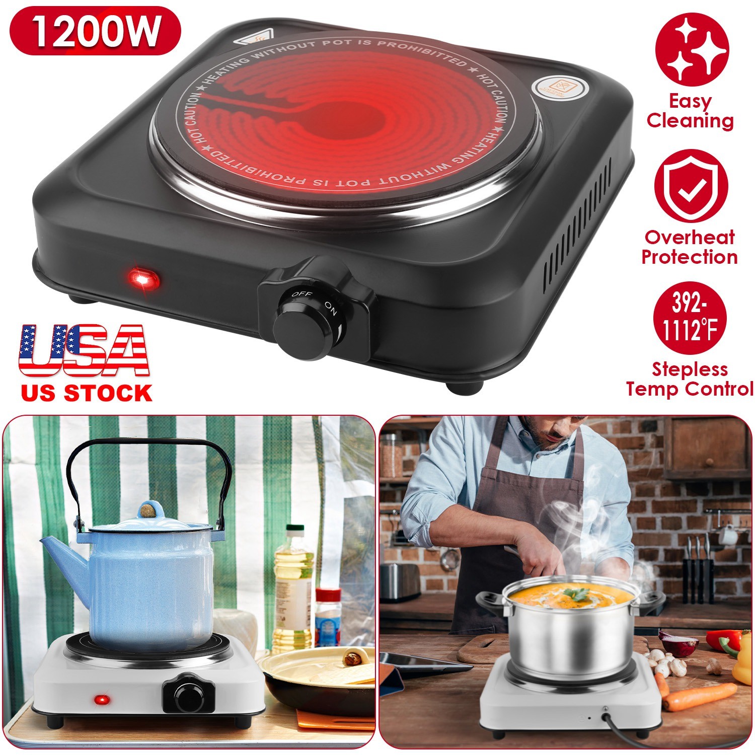 Adjustable Temperature Electric Burner Countertop Hot Plate Cooktop Stove