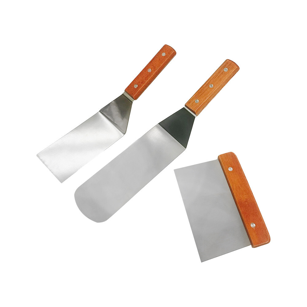 Stainless Steel Metal Spatulas, Scraper for Cast Iron BBQ Grill, Wood Handle