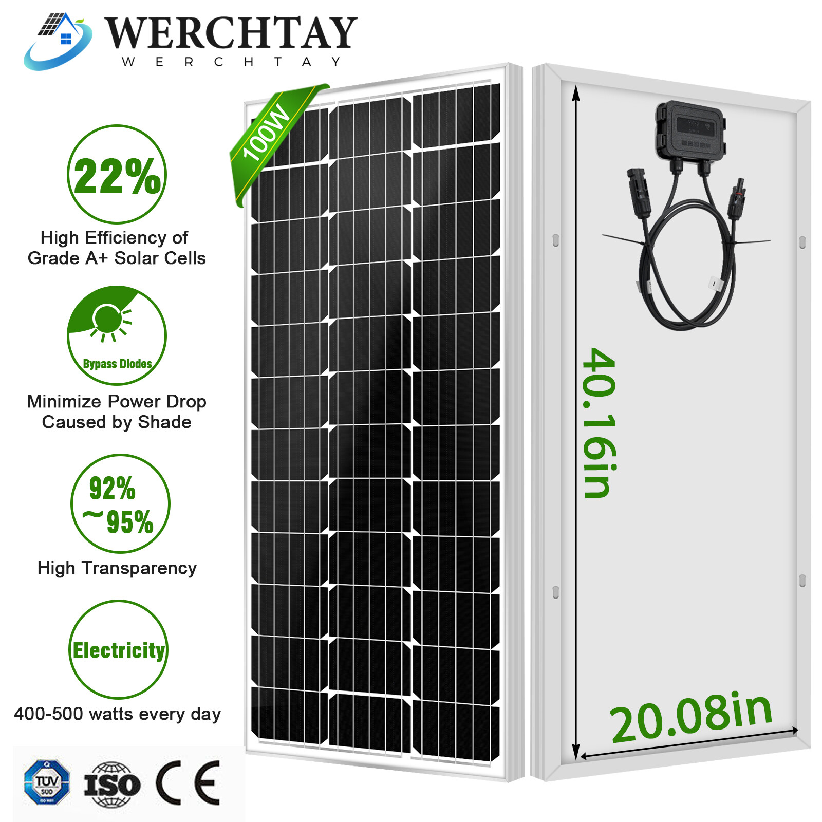 100W Watt 12V Monocrystalline Solar Panel Charging RV Camping Home Off-Grid Boat