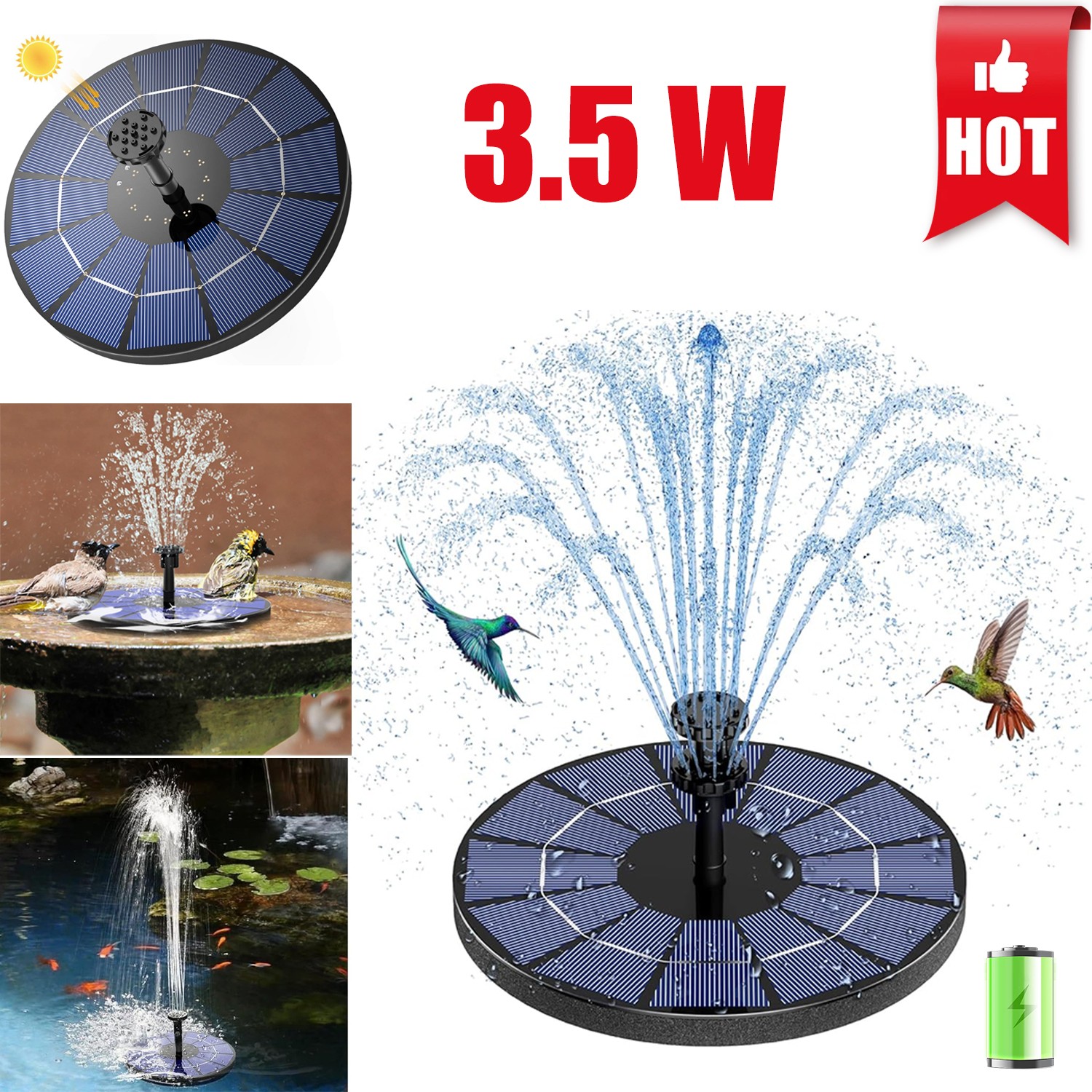 3.5W Solar Fountain with Battery 1500mAh 6 Water Patterns for Bird Bath Garden