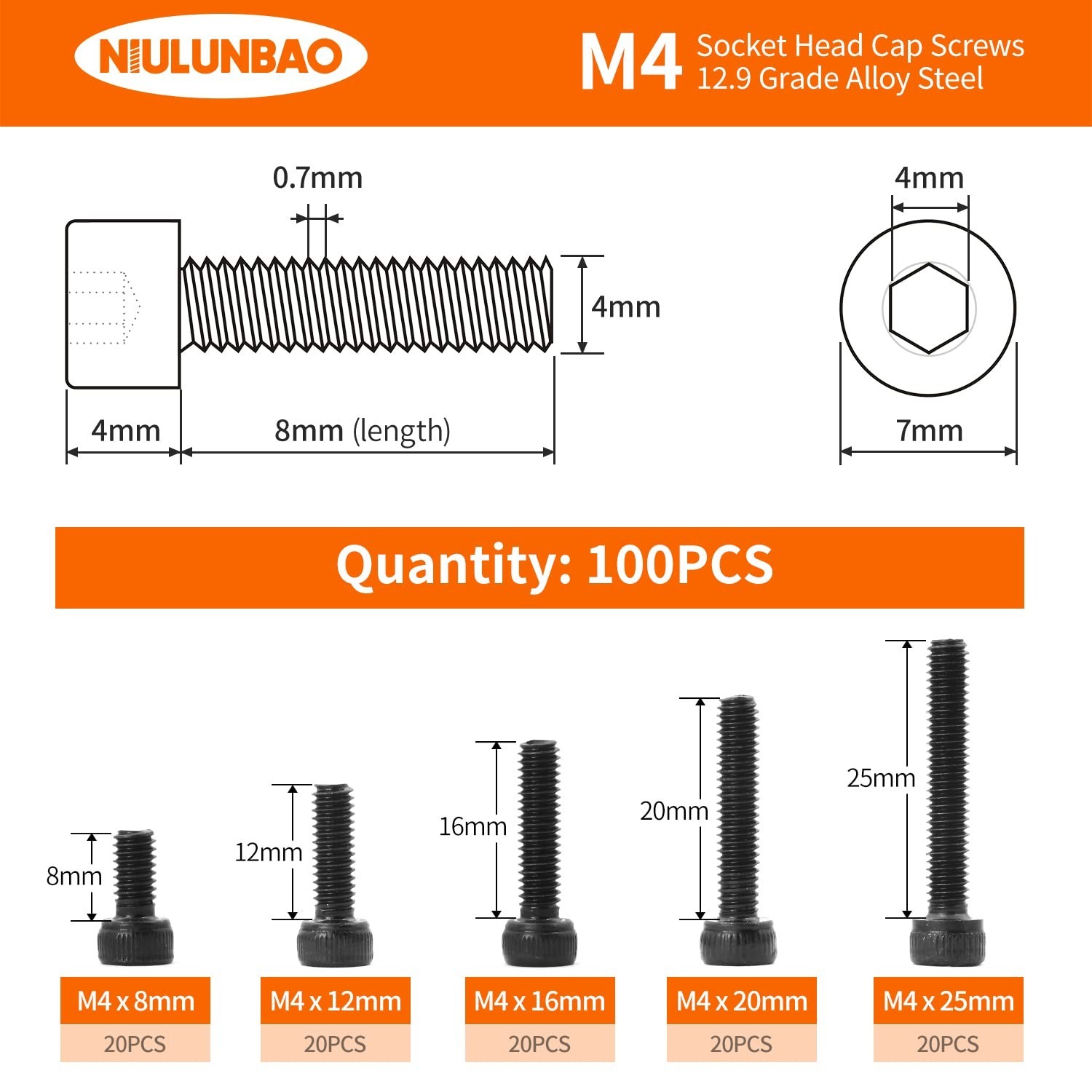M4 x 8mm 12mm 16mm 20mm 25mm Hex Socket Head Cap Screws Bolts, 12.9 Grade All…