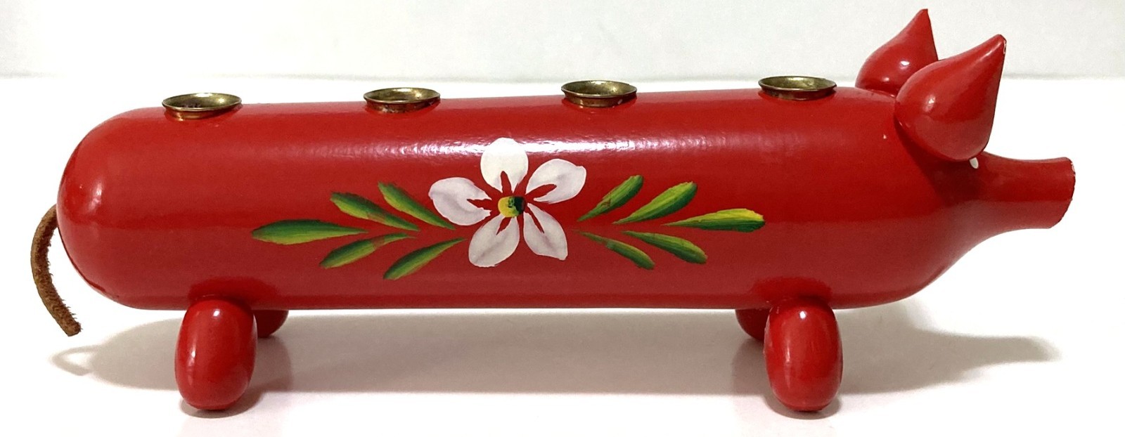 Red Wooden Pig Candle Holder 7.75″L Sweden Hand Painted Flowers Folk Art