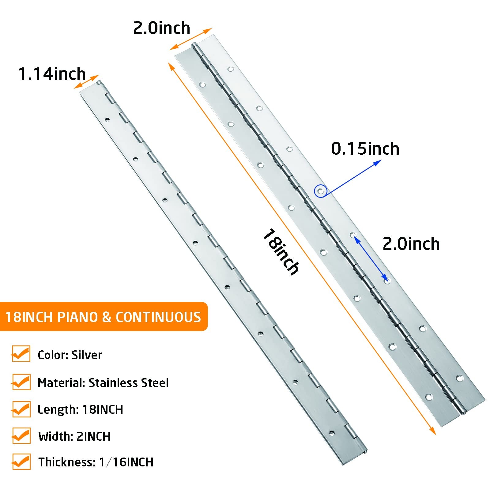 2 Piece 2″ x 18″ Stainless Steel Piano Hinge, 0.060″ / 1/16” Thick Heavy Duty…