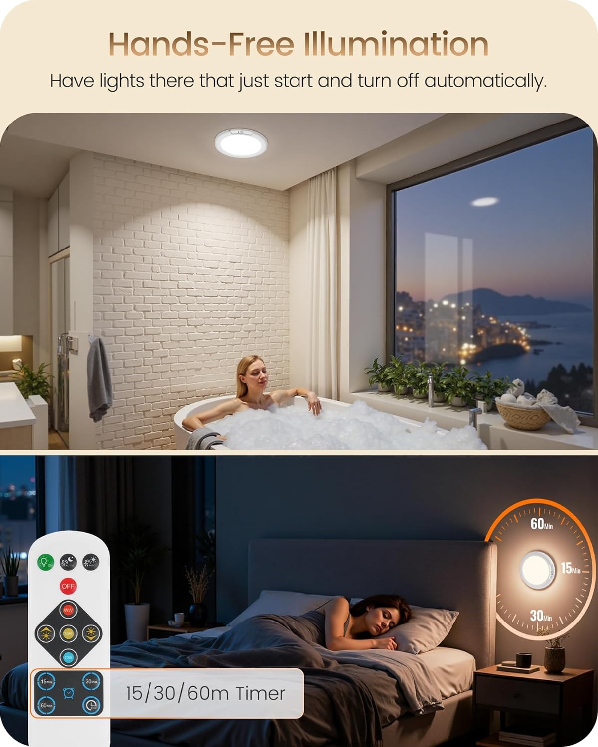 2/4 Pack Wireless Rechargeable Motion Sensor Ceiling Light with Remote Control
