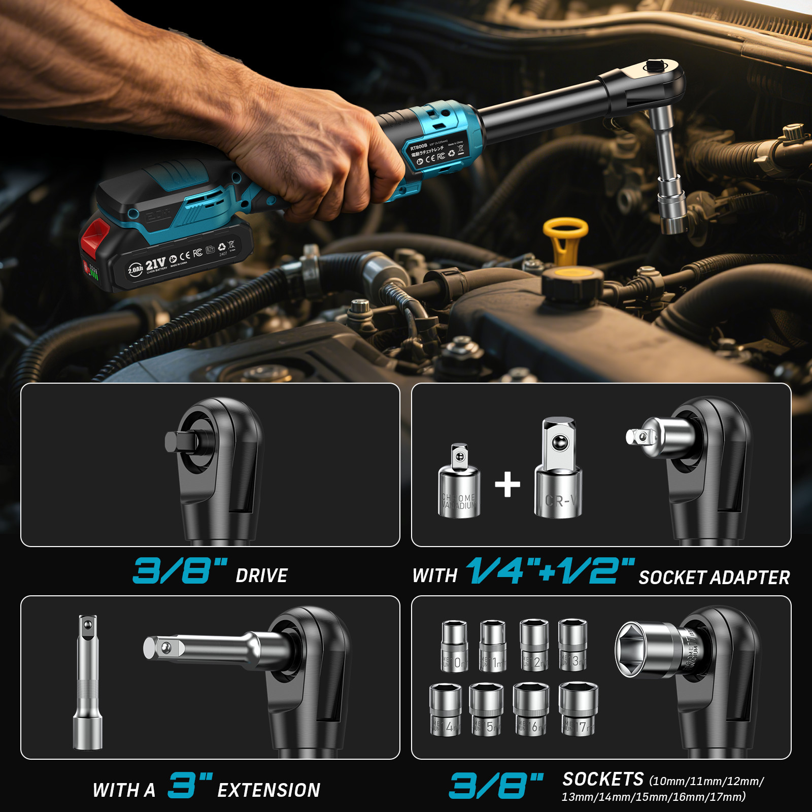 Seesii 21V 3/8″ Cordless Ratchet Wrench 59 Ft-lbs 2 Battery 8 Sockets Brushless