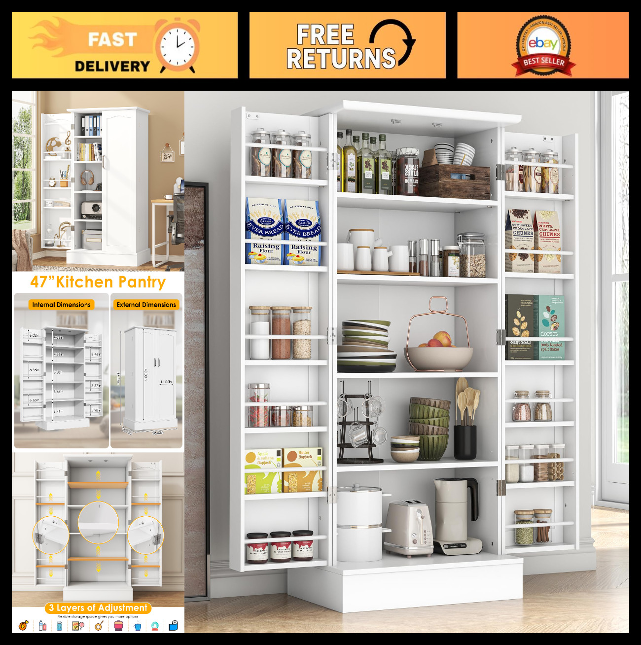47″ Kitchen Pantry Storage Cabinet with Doors, Adjustable Shelves, Freestanding