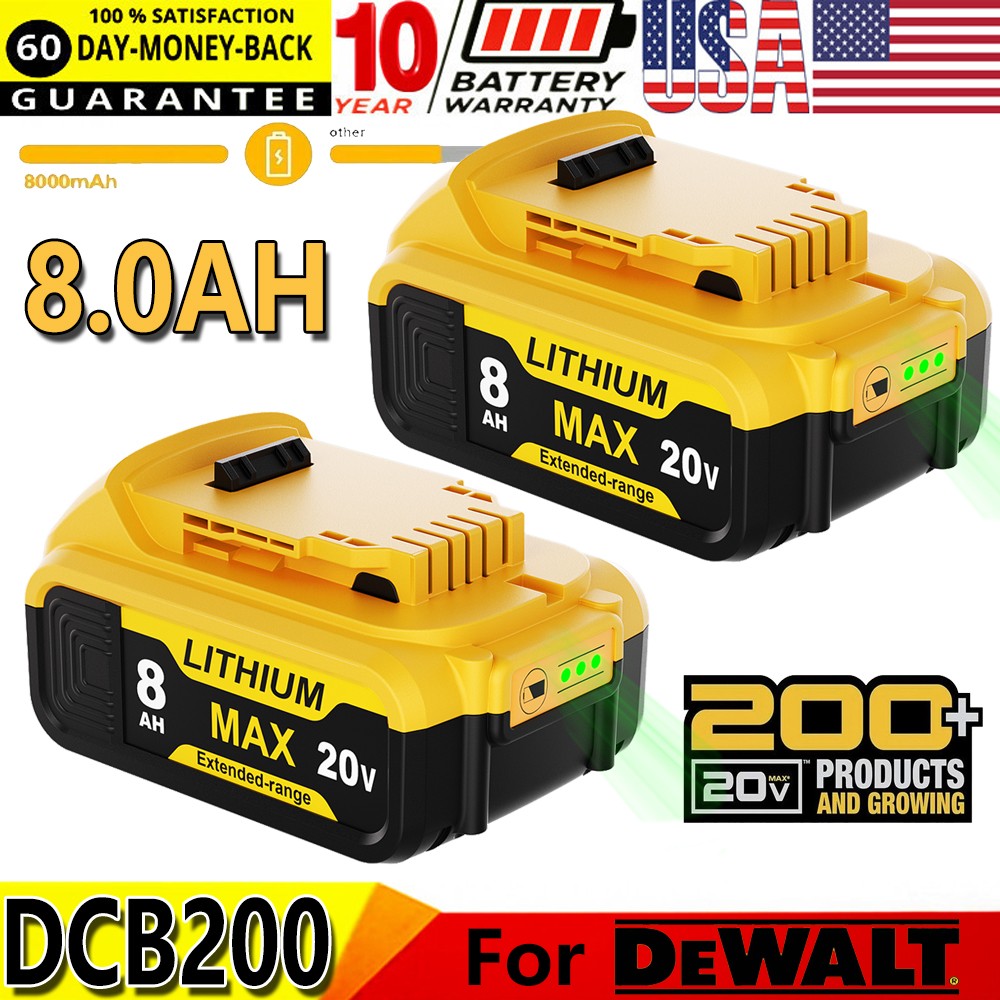 2PCS 20VOLT 8.0AH For DeWalt 20V Max 8000mAH DCB200 DCB206 DCB205 Li-ion Battery
