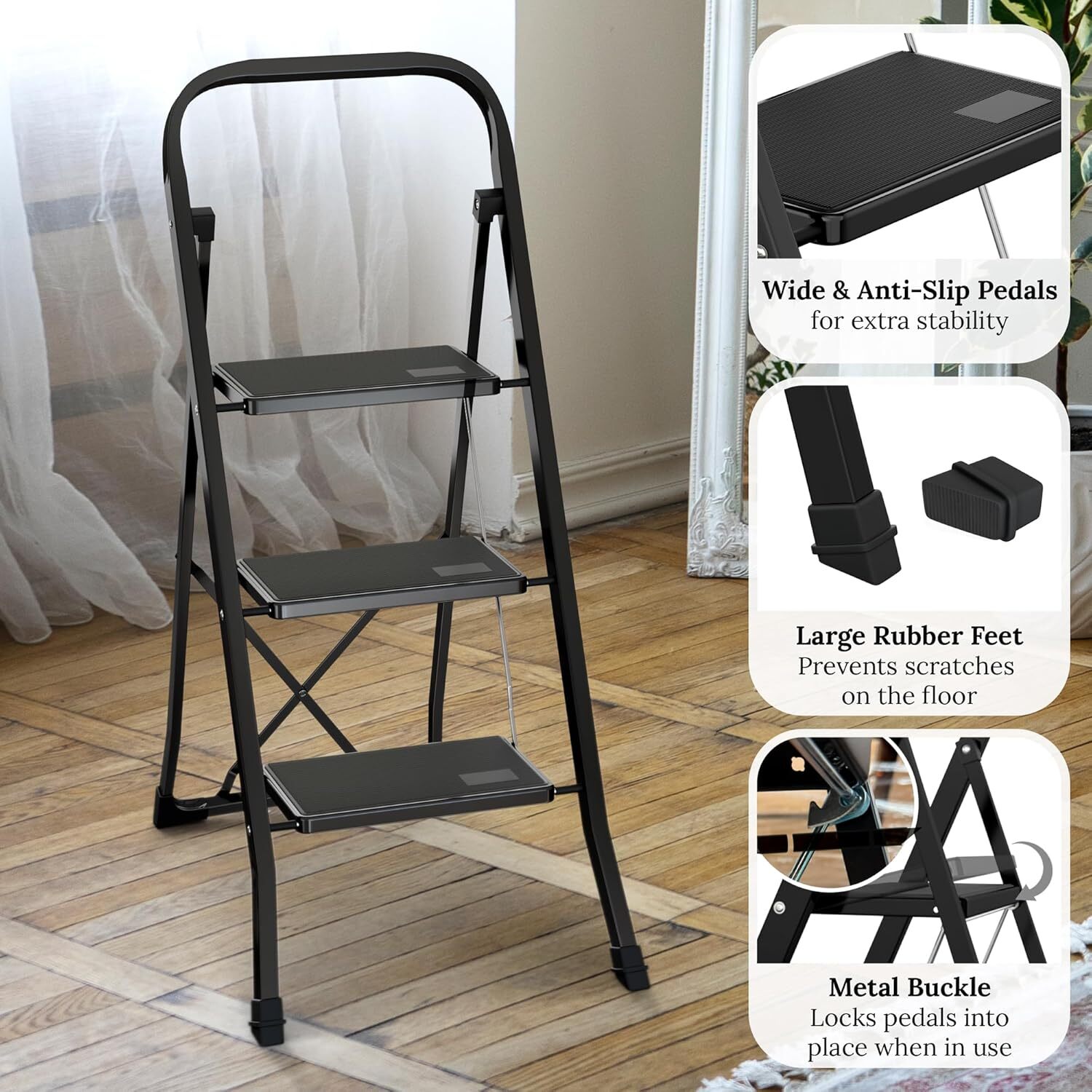 Steel Folding 2/3 Step Stool Ladder Adults With Soft-Grip Handle 330 Lbs White