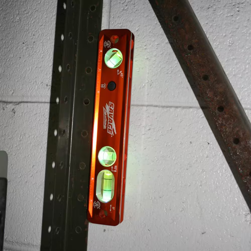 9 In. Aluminum Lighted Magnetic Torpedo Level with 3 Bubble Vials, Etched Ruler