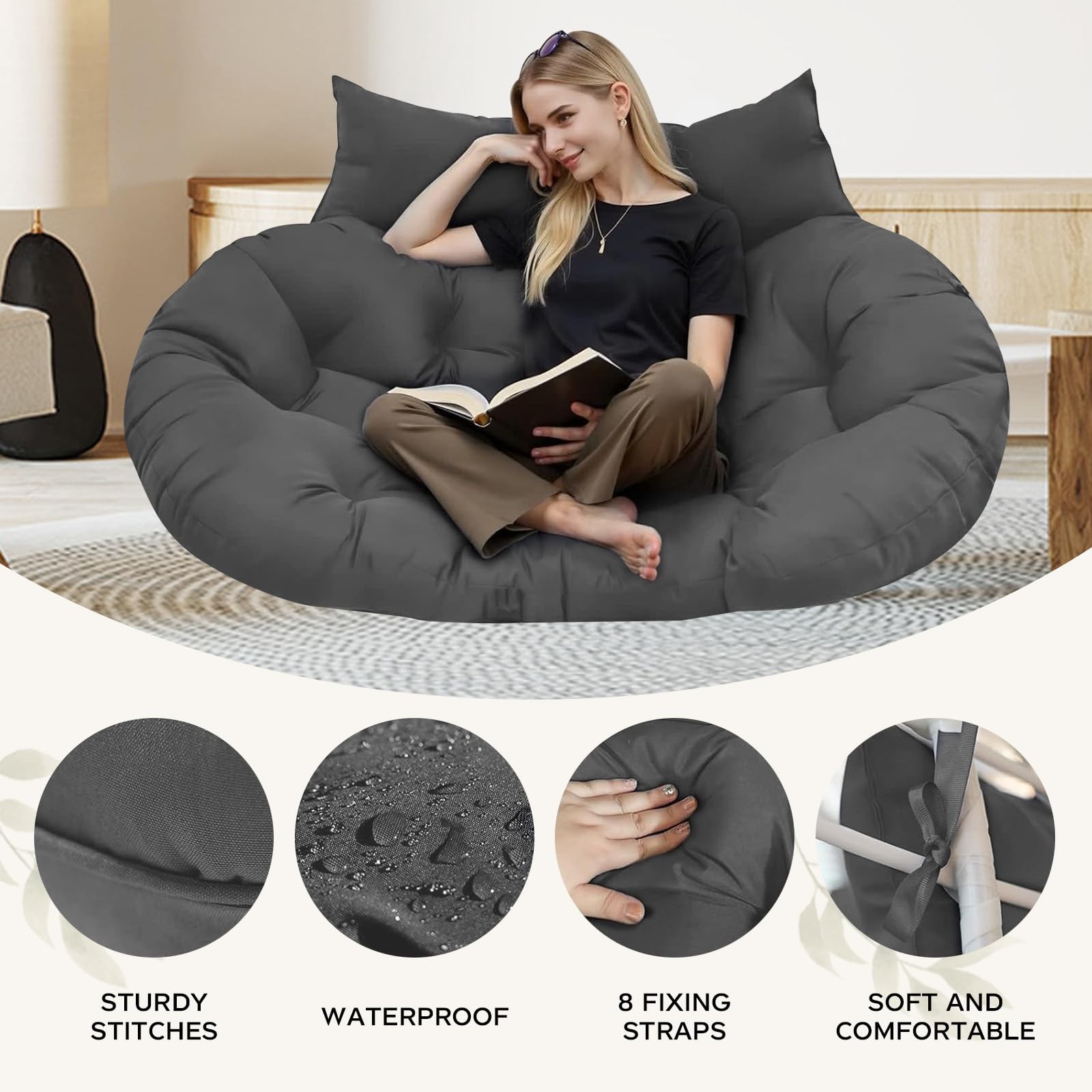 Egg Chair Cushion 55x35in Double Waterproof Grey Replacement boyspringg Outdoor