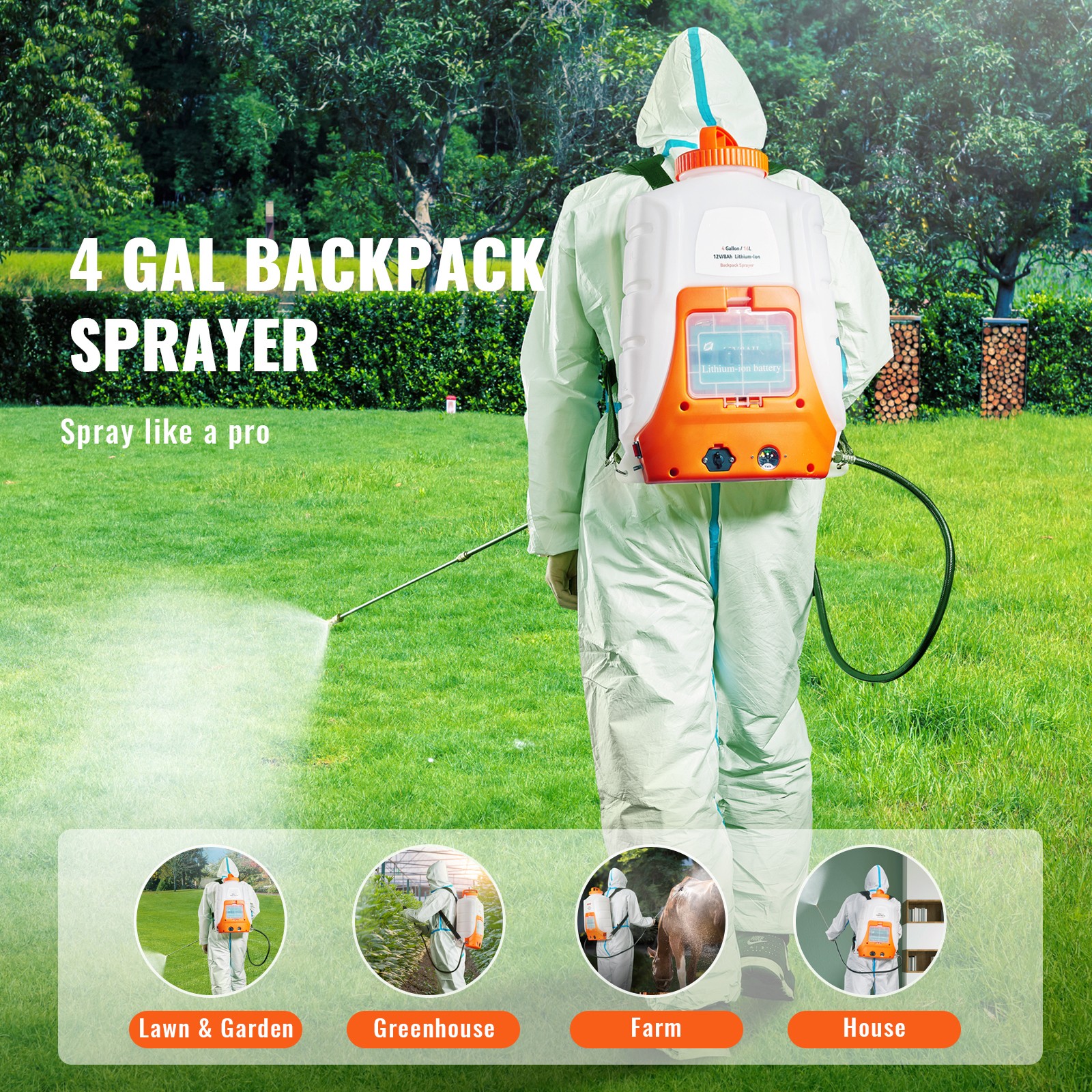 VEVOR Battery Powered Backpack Sprayer 4 Gal Tank 0-90 PSI Adjustable Pressure