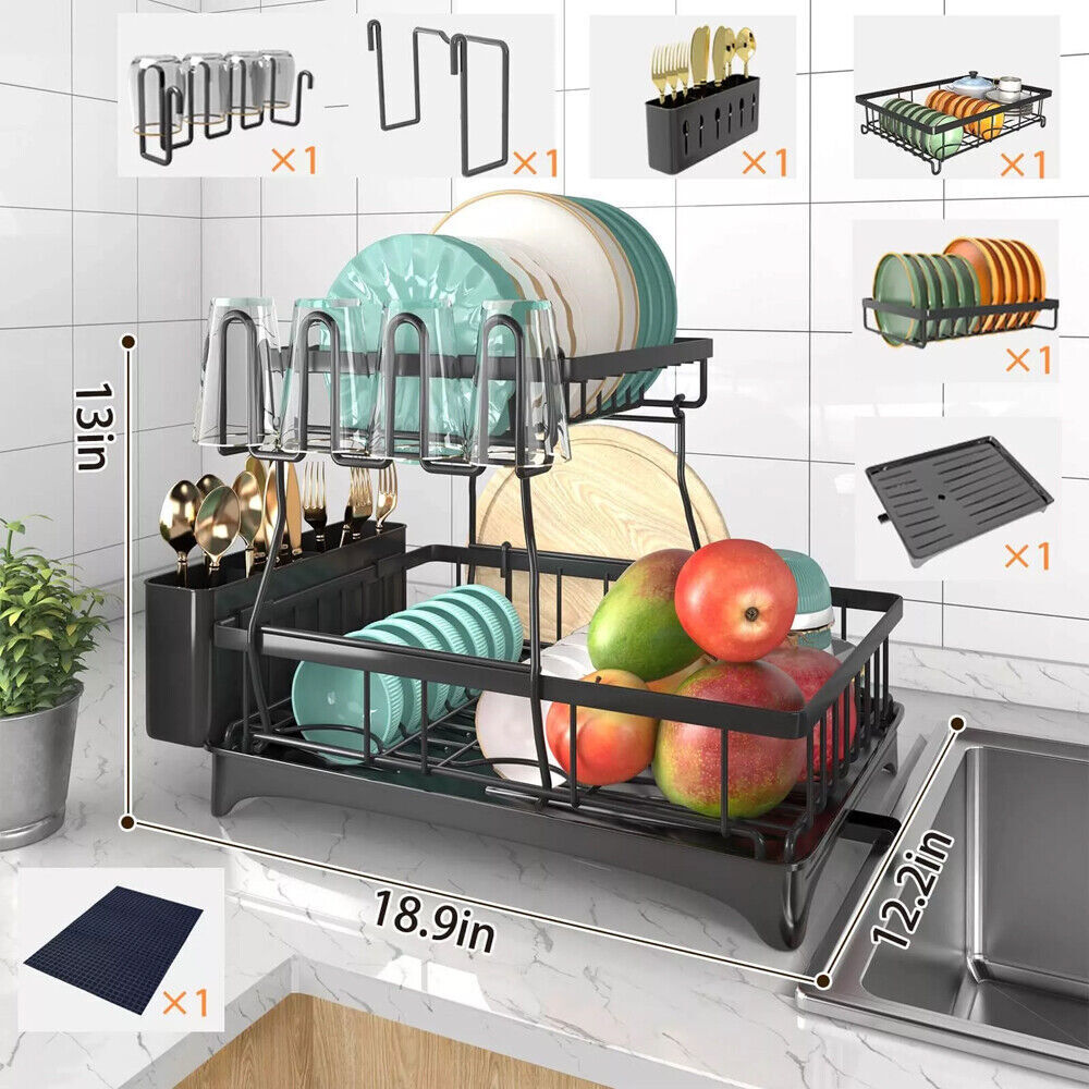 Over Sink Dish Drying Rack 2-Tier Stainless Steel Kitchen Shelf Cutlery Drainer