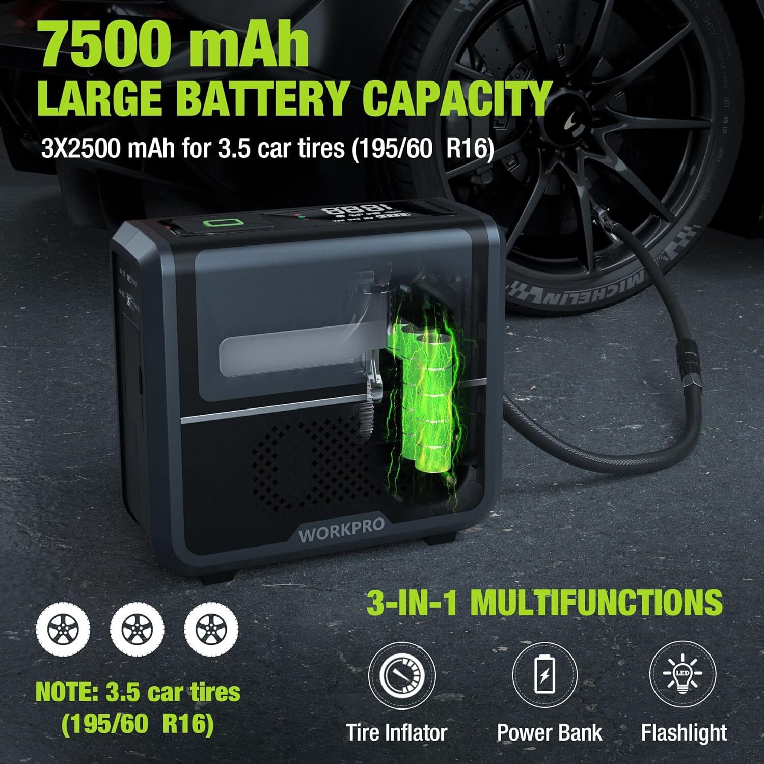 WORKPRO Tire Inflator Portable Air Compressor-12V w/7500mAh Battery150PSI 3-in-1
