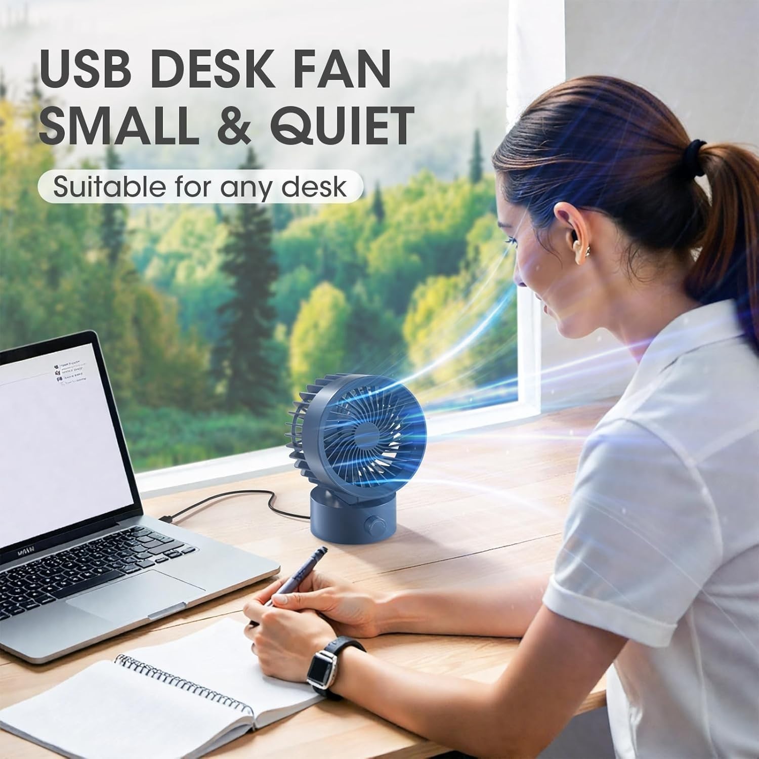 USB Desk Fan Small Quiet, Stepless Speed Flexible Adjust Mini Fans for Blue