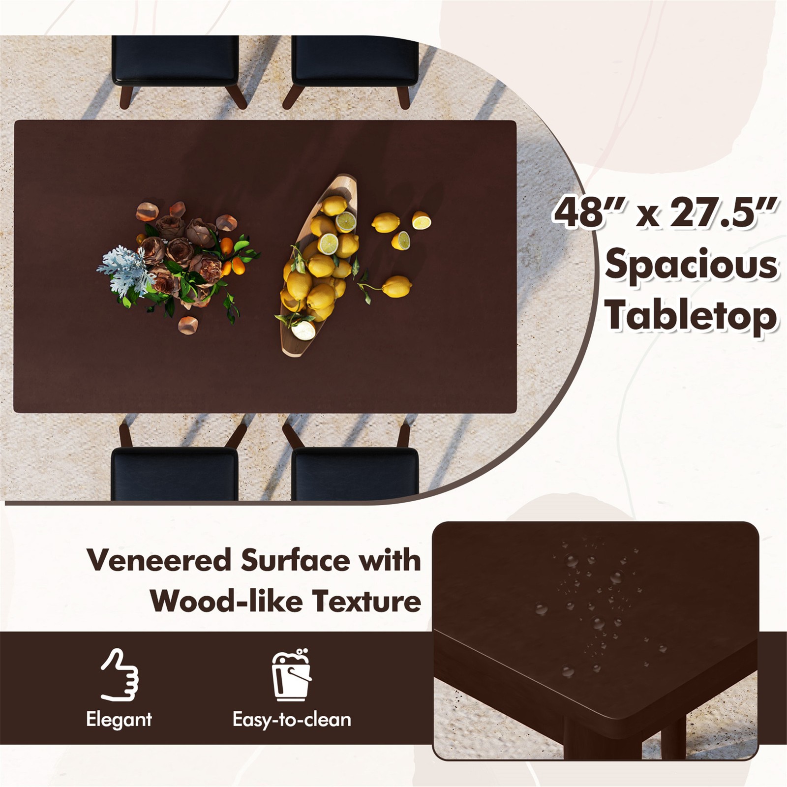 5PCS Dining Table Set for 4 w/ 4 Upholstered Stools Rubber Wood Legs for Kitchen