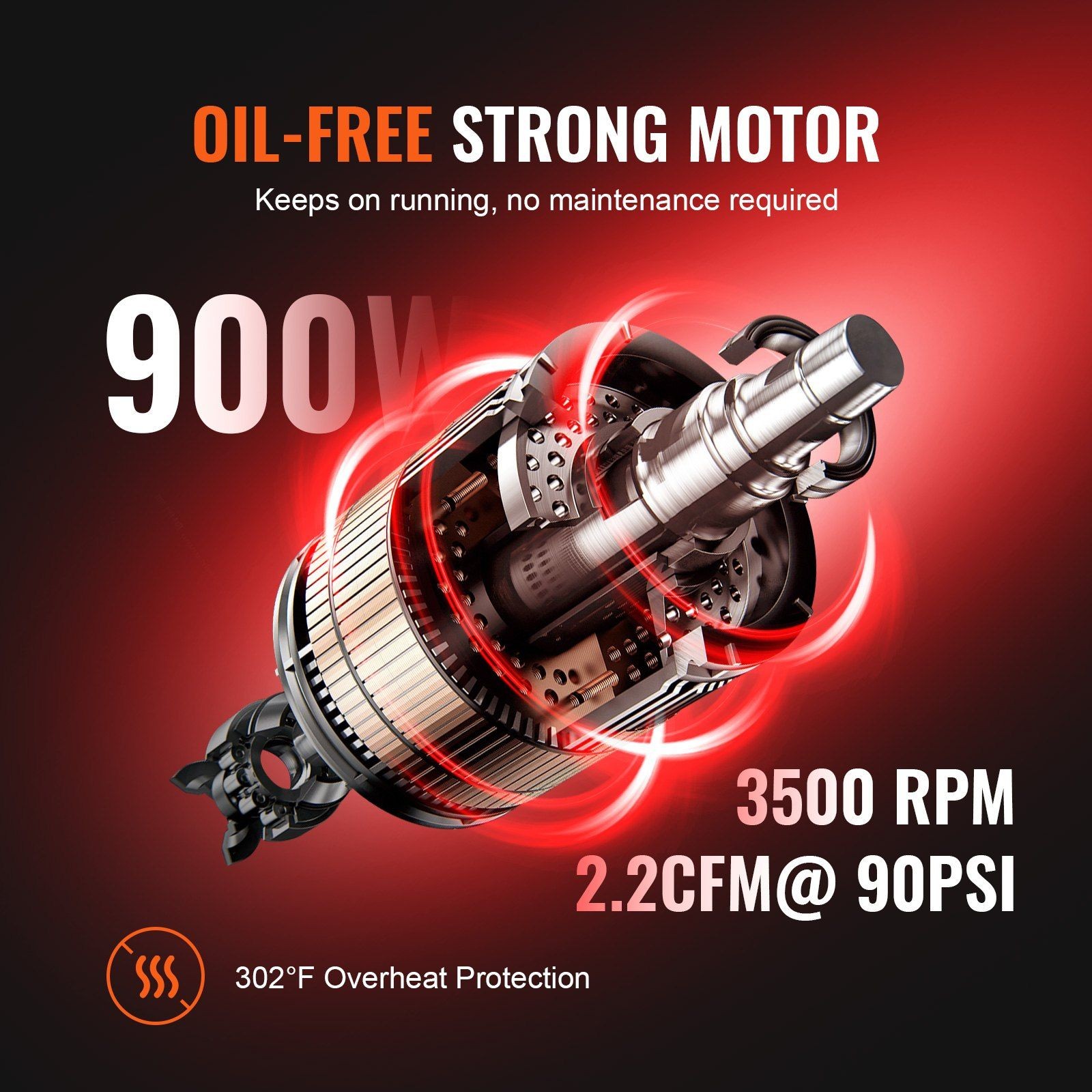 4.8gal 900W 2.2CFM@90PSI 70dB Ultra Quiet Oil-Free Air Compressor