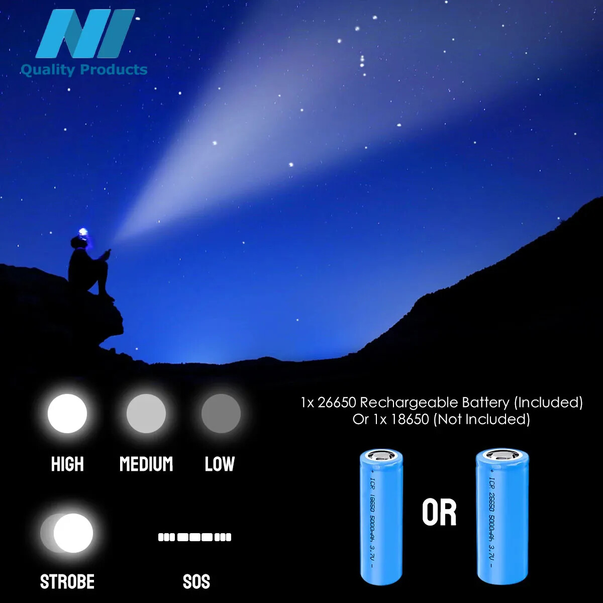 Flashlight LED Aluminum Zoomable 1200 Lumens, 26650 lithium Rechargeable Battery