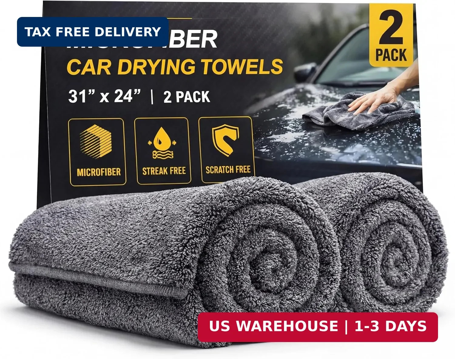 2 Pack Professional Large Microfiber Car Drying Towels (31″ x 24″), Scratch Free