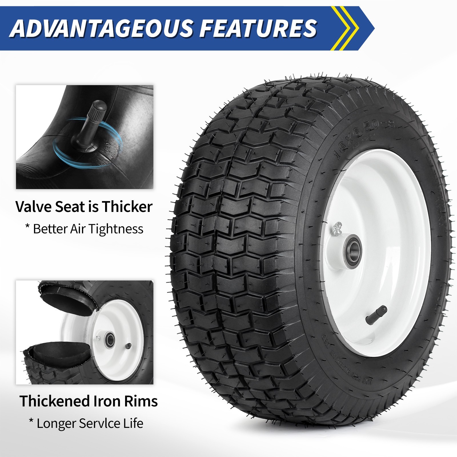 2-Set 16 x 6.50-8 Garden Tractor Riding Lawn Mower Rubber Pneumatic Tire & Wheel