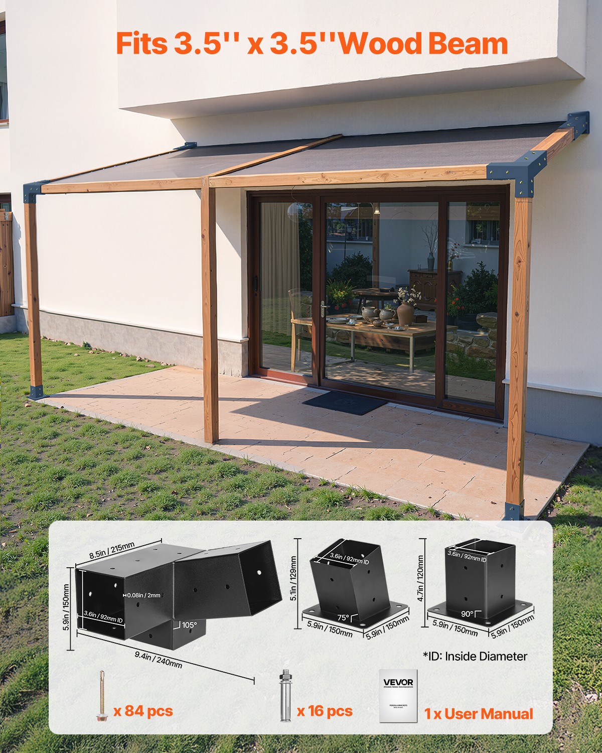 VEVOR 4×4 Inch Pergola Bracket Kit Inner 3.5×3.5 3-Way Slanted Brackets DIY Post