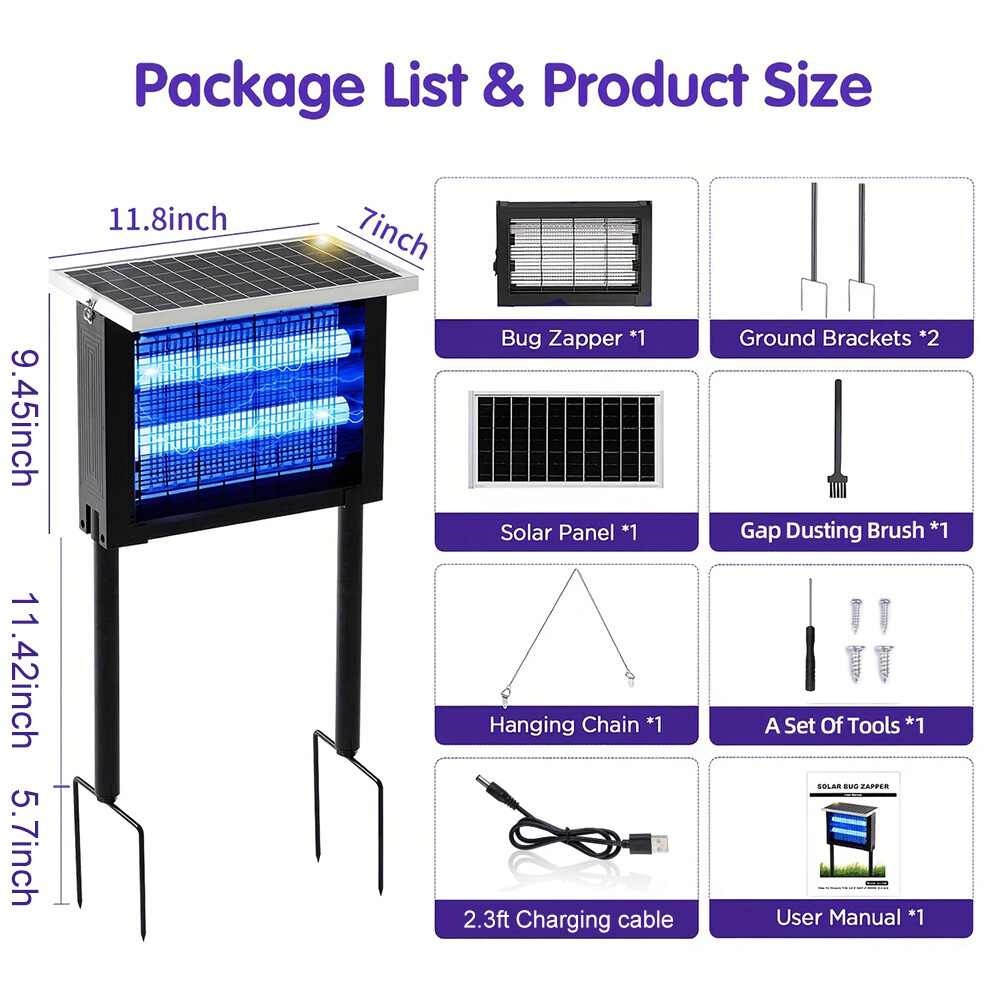 Solar Bug Zapper Outdoor Mosquito Zapper 4500V Waterproof Electric Fly Zapper US