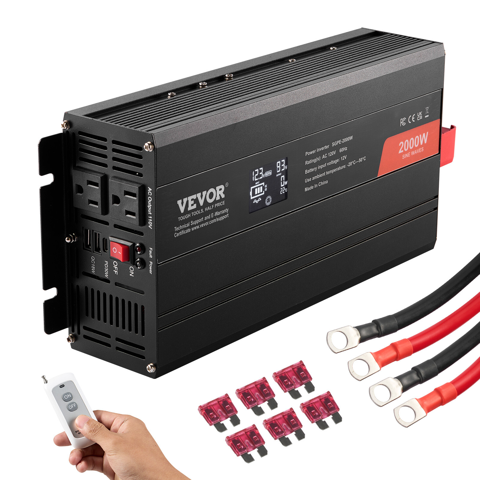 VEVOR Pure Sine Wave Power Inverter 2000W DC12V to AC120V LCD Remote Control CE