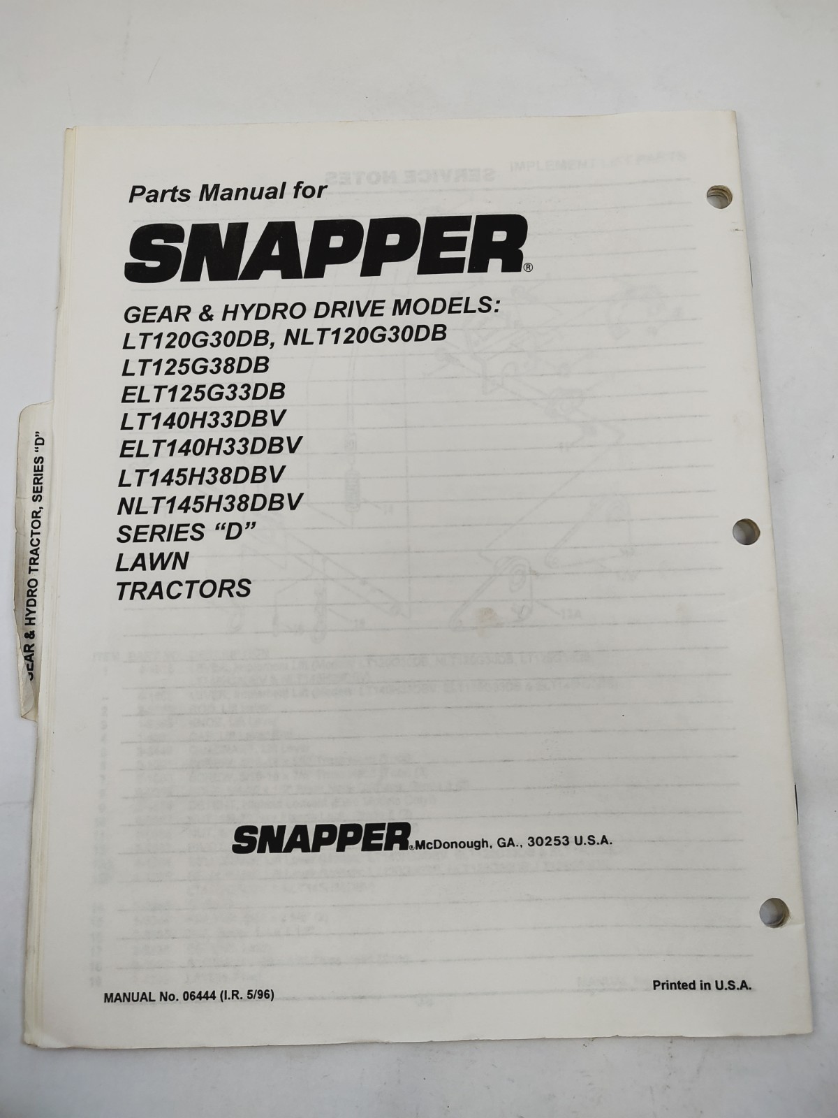 Snapper Parts Manual Gear & Hydro Drive LT120G30DB Lawn Tractors Series D