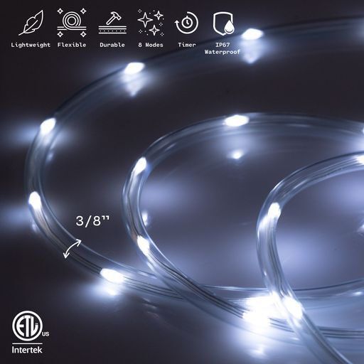 Cool White 8-Mode LED Outdoor Waterproof Rope Light 10′ 20′ 25′ 50′ 100′ 150′ ft