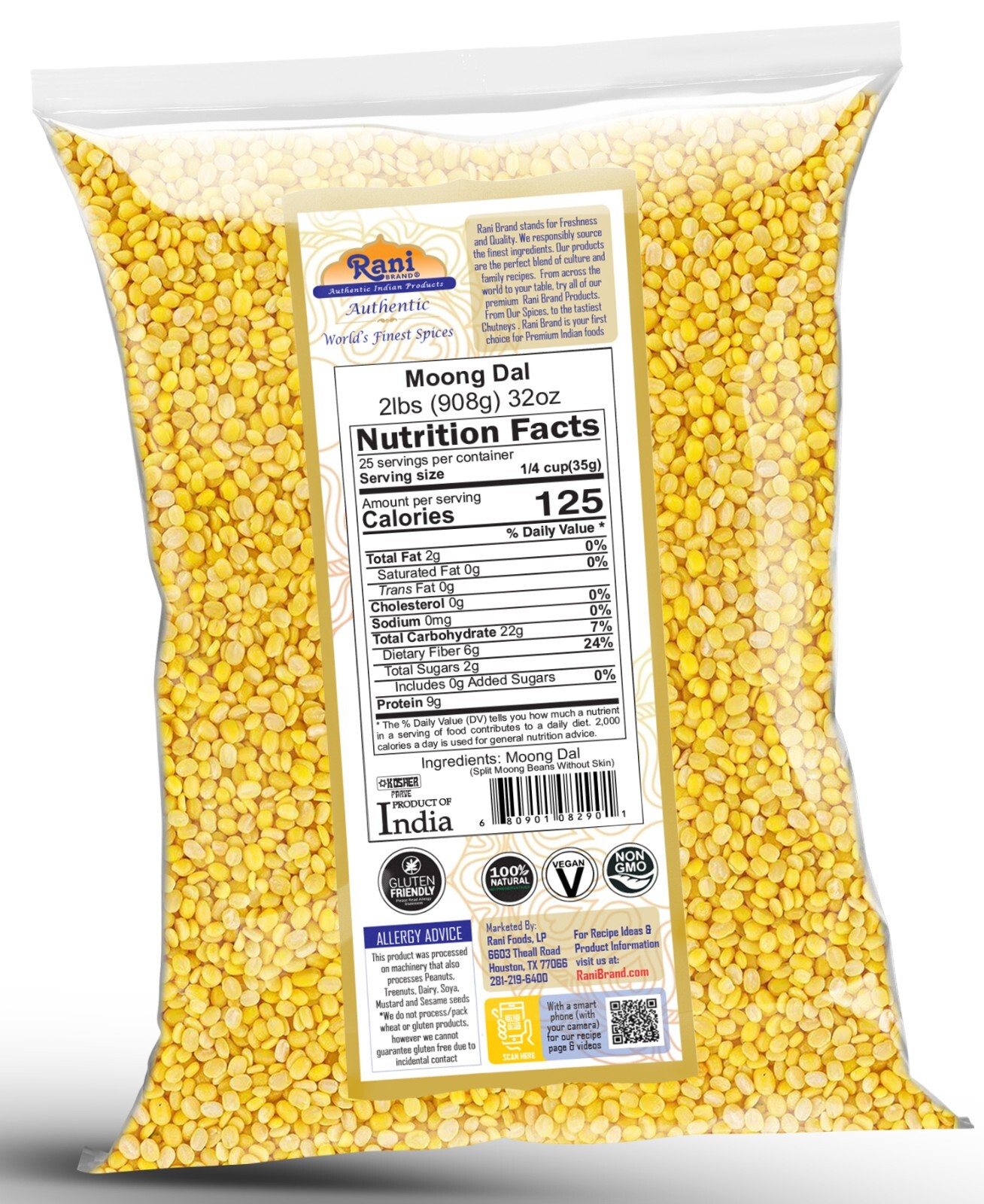 Rani Moong Dal (Split Mung Beans without skin) Indian Lentils, 32oz (2lbs) 907g