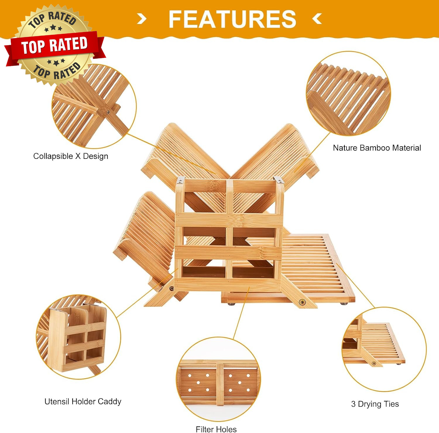 Bamboo Dish Drying Rack, 3 Tier Collapsible Wooden Dish Drainer Rack with Utensi