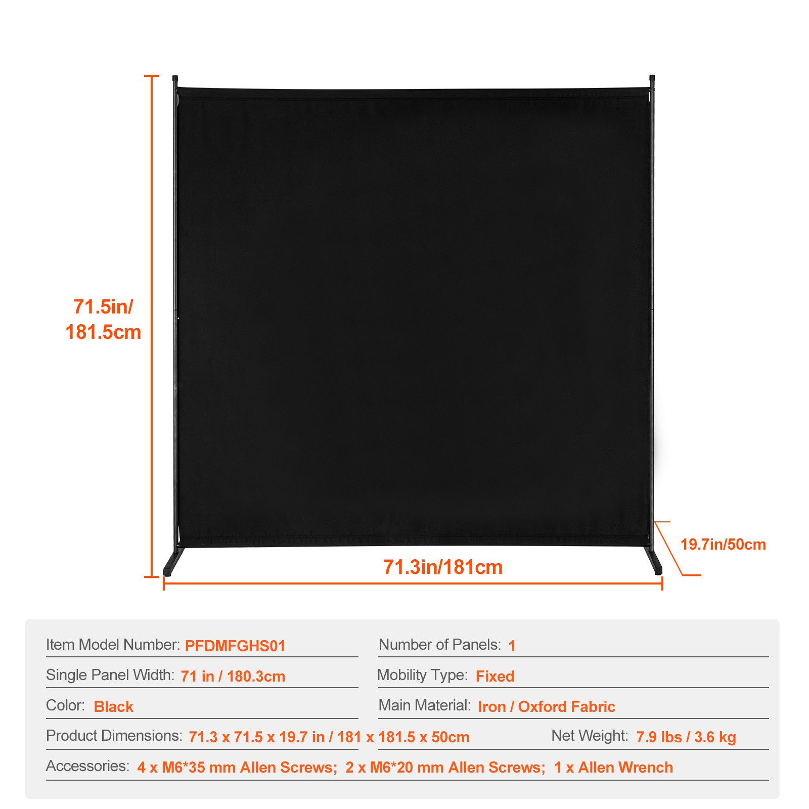 6FT Room Divider Single Panel Fabric Room Screen for Office Bedroom Black