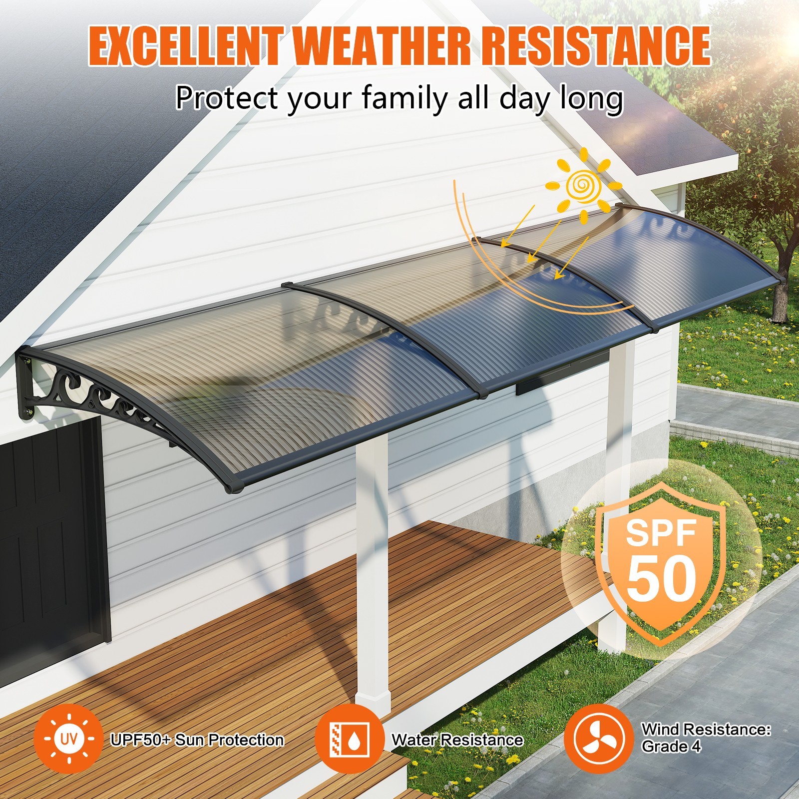 30-160″ Window Awning Front Door Eaves Canopy Polycarbonate Roof Sun Shade Cover