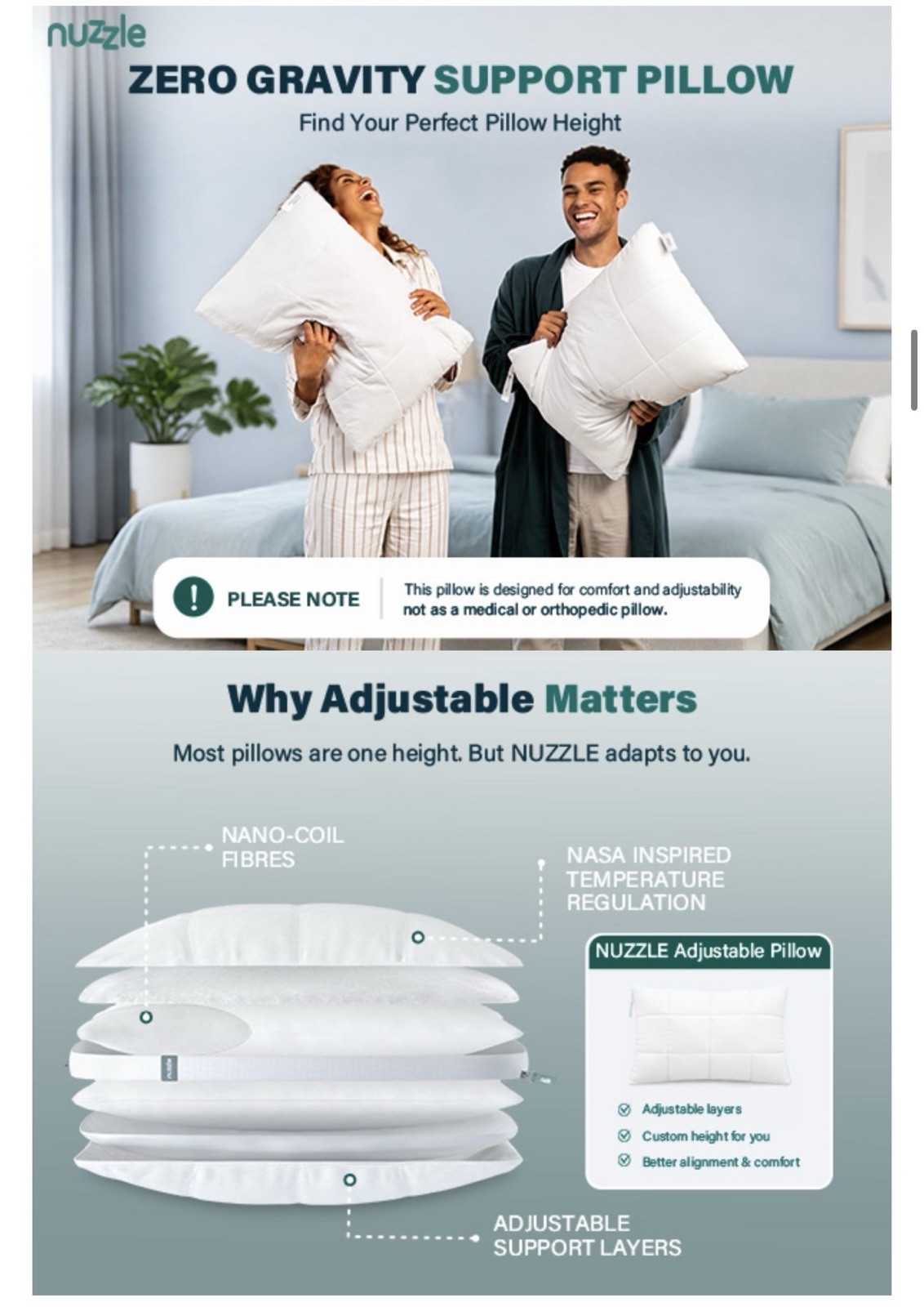 Nuzzle Cooling Adjustable Pillow for Side Standard SIze (Set of 2), White