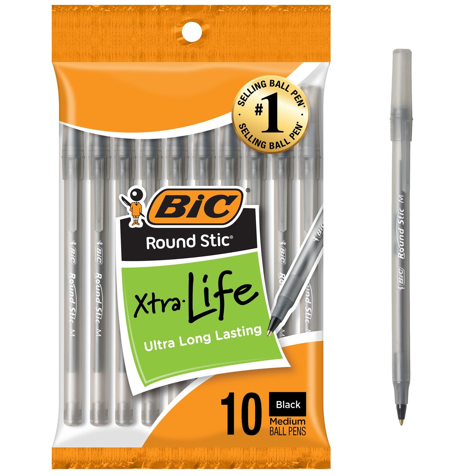 BIC Round Stic Xtra Life Black Ballpoint Pens, Medium Point (1.0mm), 10-Count Pa