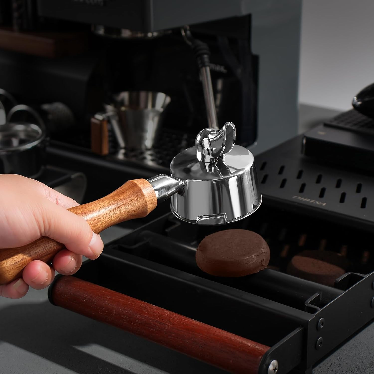 Stainless Steel Espresso Knock Box with Wood Handle & Non-Slip Base