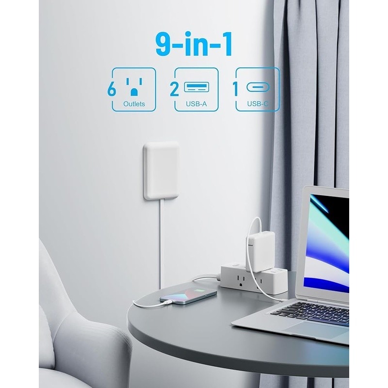 Flat Plug Power Strip 6 AC Outlets 3 USB Space Saver Overload Protection