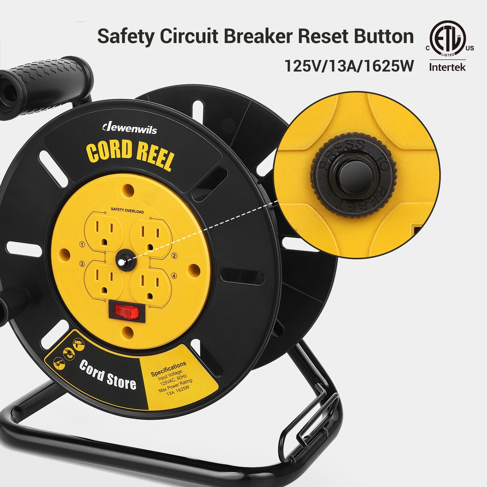 DEWENWILS Electrical Cord Extension Storage Reel with 4 Outlets Integrated Cord