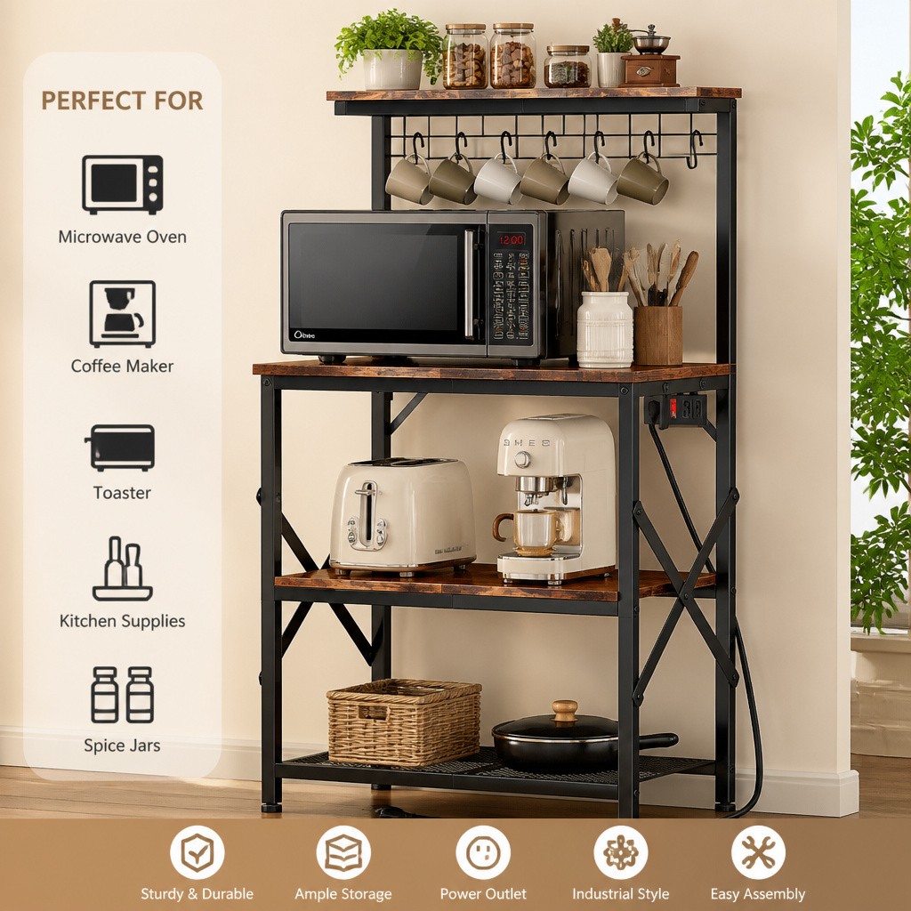 Kitchen Bakers Rack Power Outlet 4-Tier Oven Stand Storage New