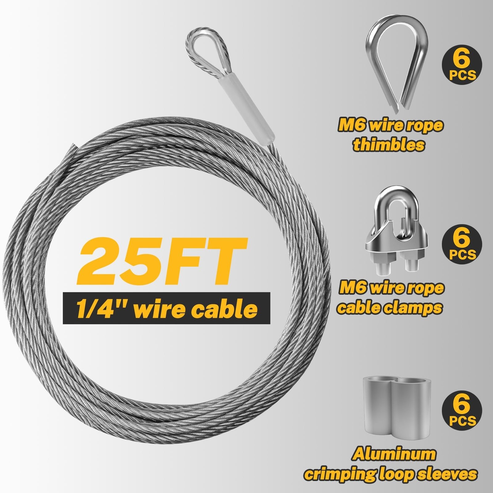 1/4″ Wire Rope,25FT 304 Stainless Steel Wire Cable Kit,7×19 Strand Core with …