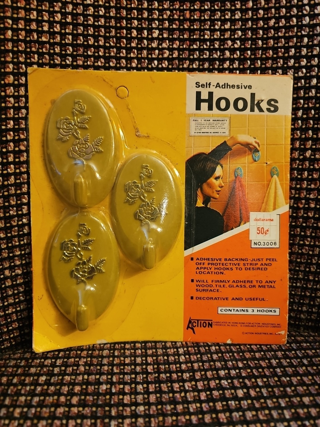 Coat Hook Hanger Green Gold Floral Action 1970s NOS Wall Home Decor Vintage Prop
