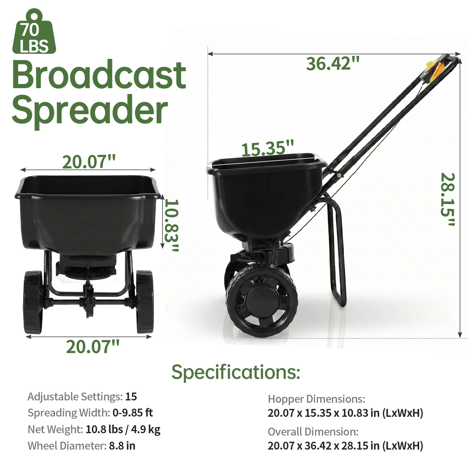 Broadcast Spreader,70LBS Capacity,8 in All Terrain Pneumatic Tires,Hopper Grate