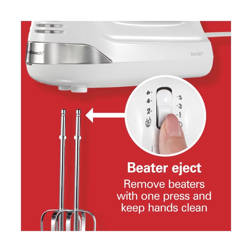 White 6-Speed Hand Mixer – 275W, Snap-On Case, Dishwasher-Safe Parts, 62629