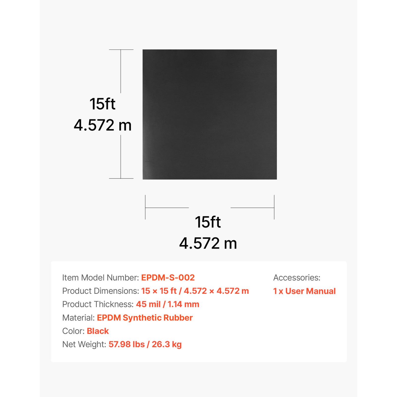 Uimoso 15 x 15 ft EPDM Rubber Roofing Roll, 45 mil for RVs, Roofs, and Ponds