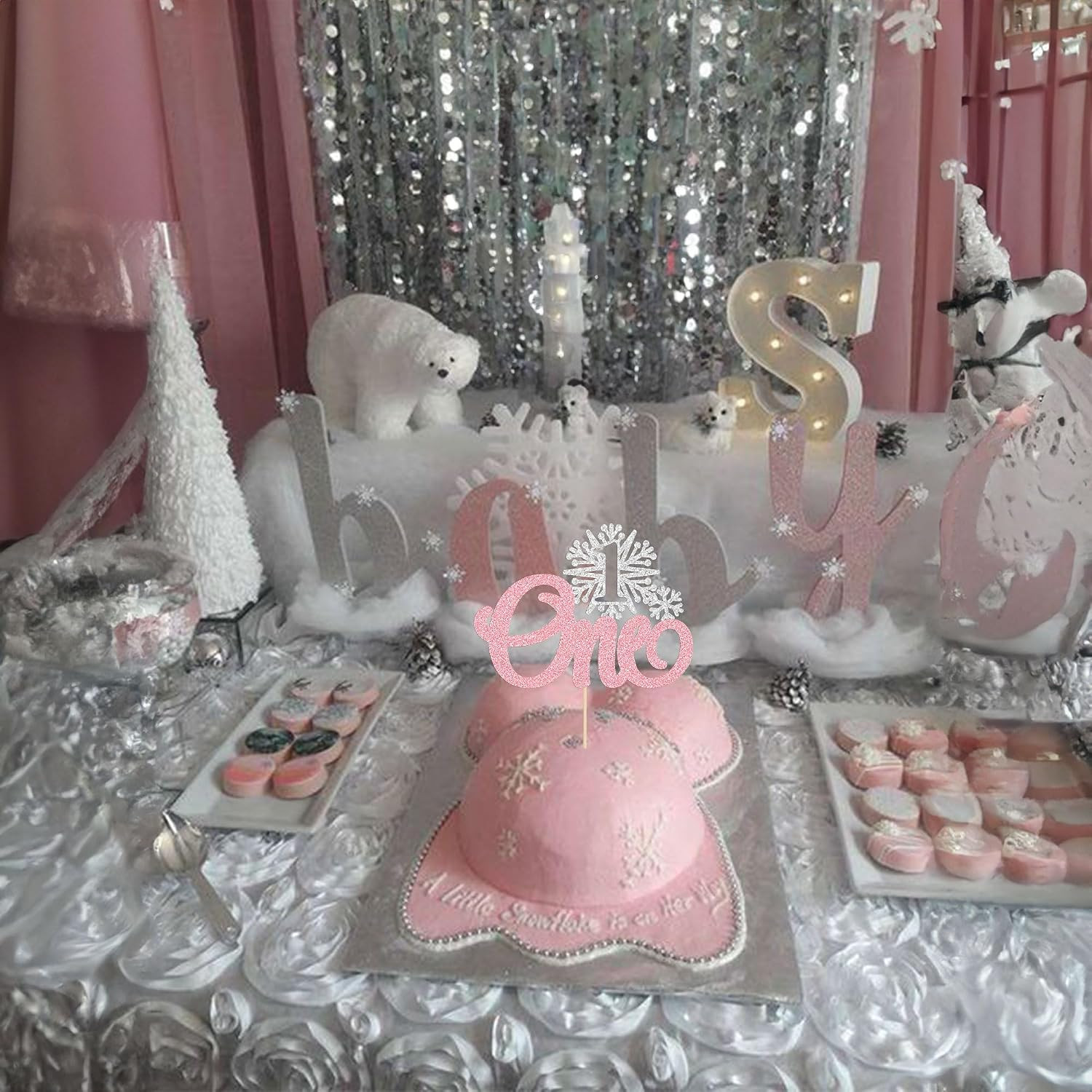 1Pc One Snowflake Cake Topper Glitter Winter Frozen Theme First Birthday Snowfla